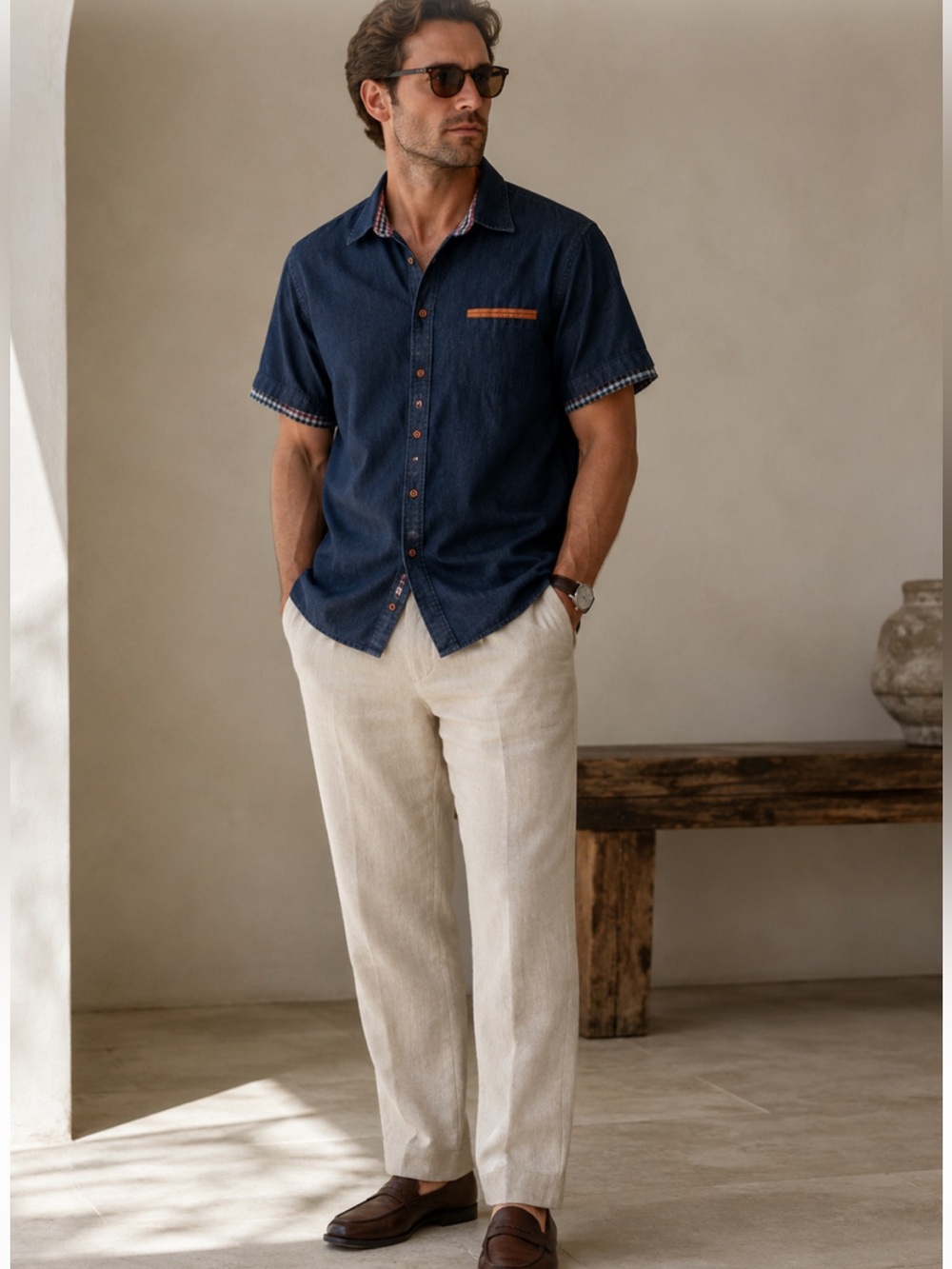 Men's Goofandy Casual Short-Sleeve Navy Button-Down Shirt quiet luxury